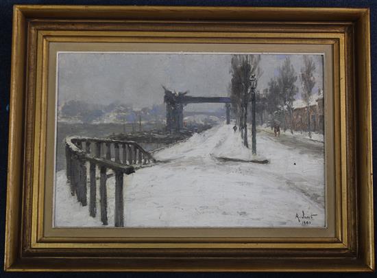 § Alexandre Jacob (1876-1972) Winter scene alongside the Seine, 10.5 x 16in.